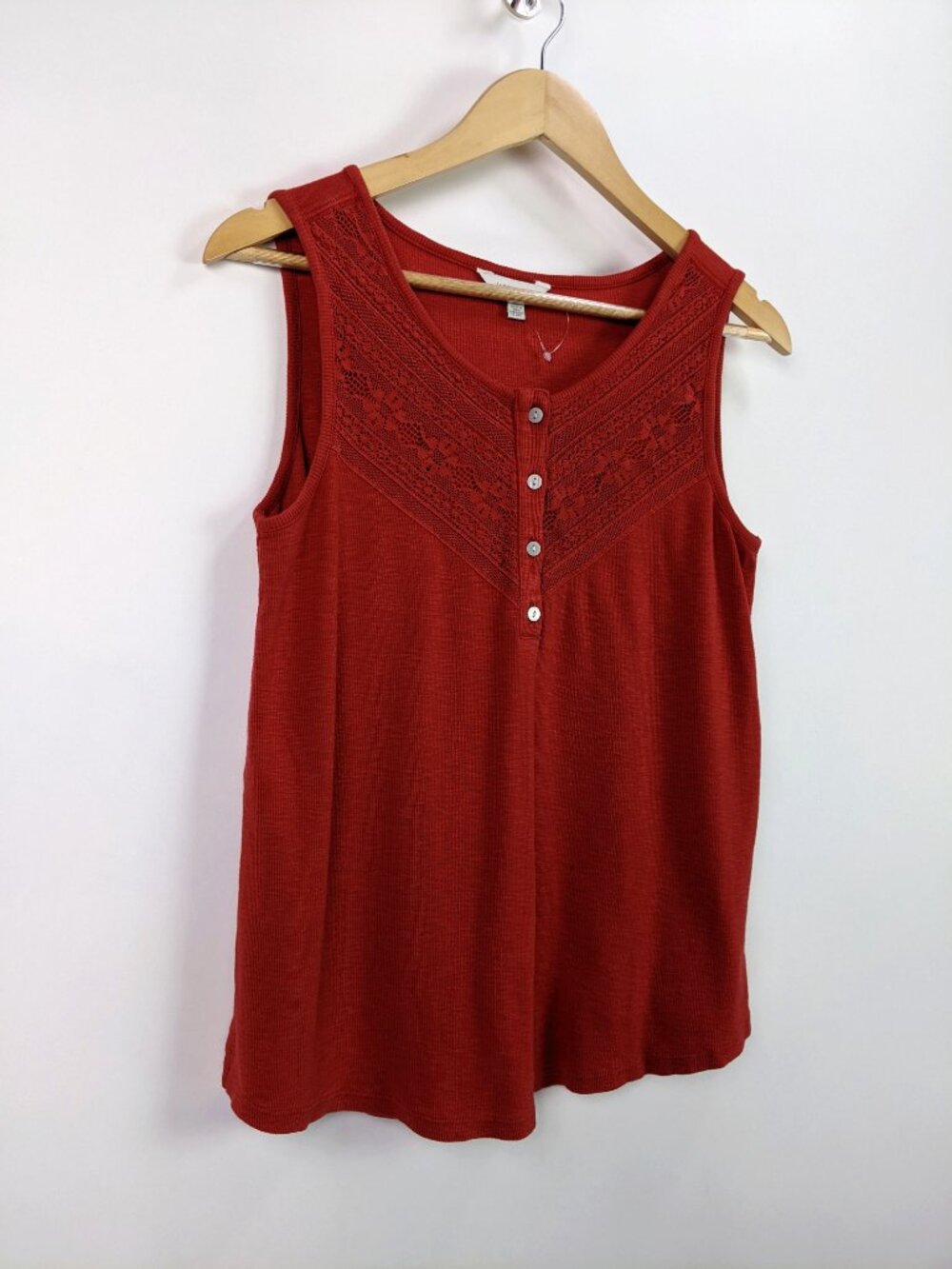 Lucky Brand Womens Sleeveless Button Front Tank Top Crochet Lace Brick Red - S - Picture 2 of 6